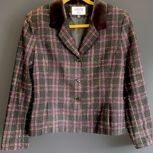 Kasper A.S L.Purple Plaid Wool Blend Jacket with Velvet Collar Size 12